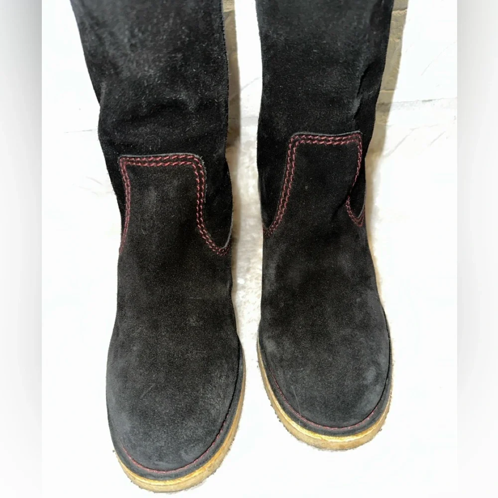 Chanel Mid Calf Block Heel Black Suede Pink Stitching Boots Size 37.5